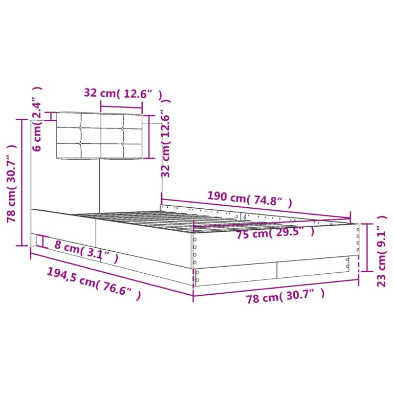 Cadru de pat cu tăblie gri sonoma 75x190 cm lemn prelucrat