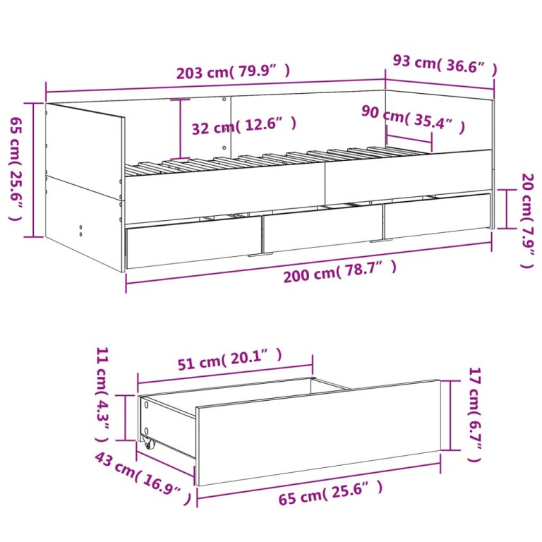 Pat de zi cu sertare fără saltea, gri beton, 90x200 cm