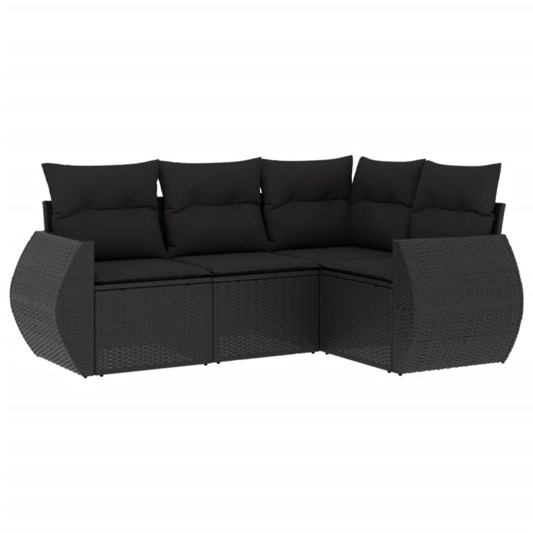 Set mobilier de grădină cu perne, 4 piese, negru, poliratan