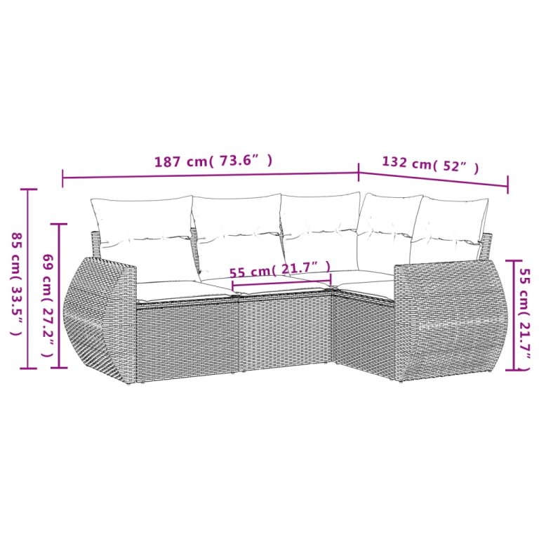 Set mobilier de grădină cu perne, 4 piese, negru, poliratan