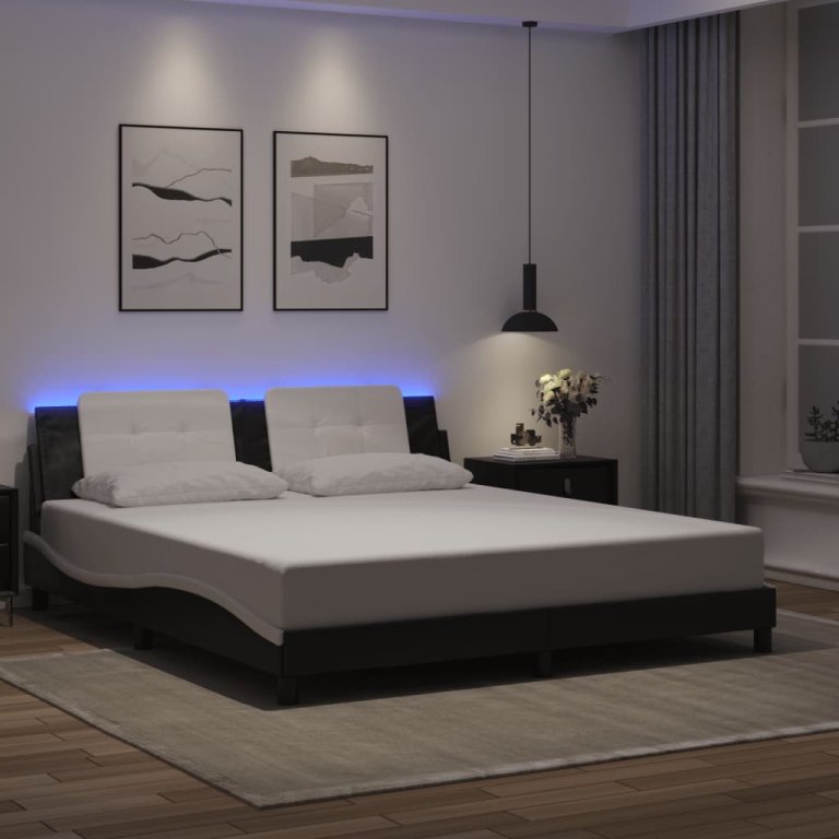 Cadru de pat cu lumini LED negru/alb 180x200 cm piele ecologică