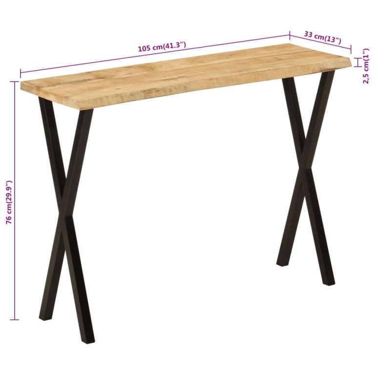 Masă consolă, margini naturale, 105x33x76 cm, lemn masiv mango