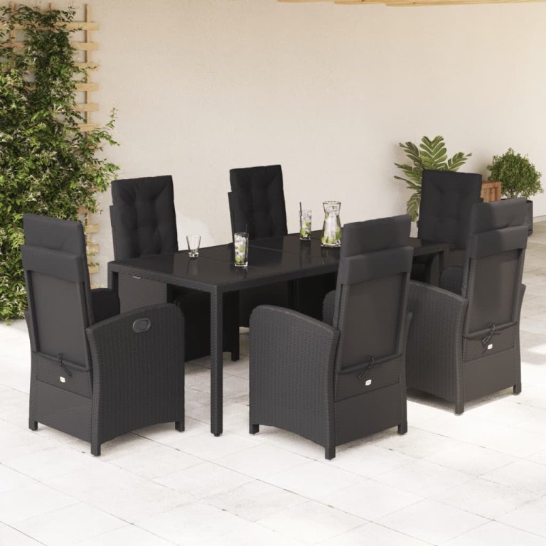 Set mobilier de grădină cu perne, 7 piese, negru, poliratan