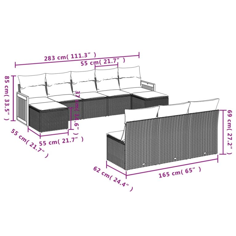 Set mobilier de grădină cu perne, 10 piese, gri, poliratan