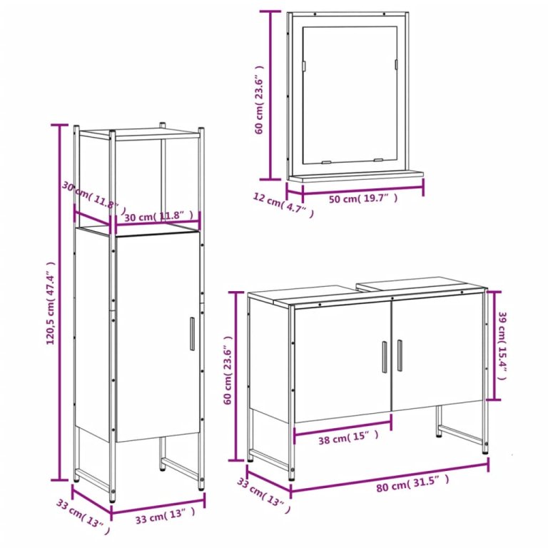 Set dulapuri de baie, 3 piese, stejar maro, lemn prelucrat