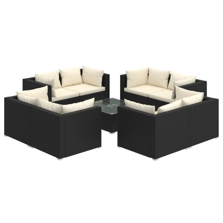 Set mobilier de grădină cu perne, 9 piese, negru, poliratan