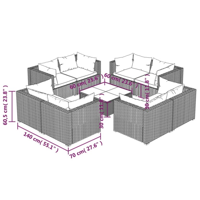 Set mobilier de grădină cu perne, 9 piese, negru, poliratan