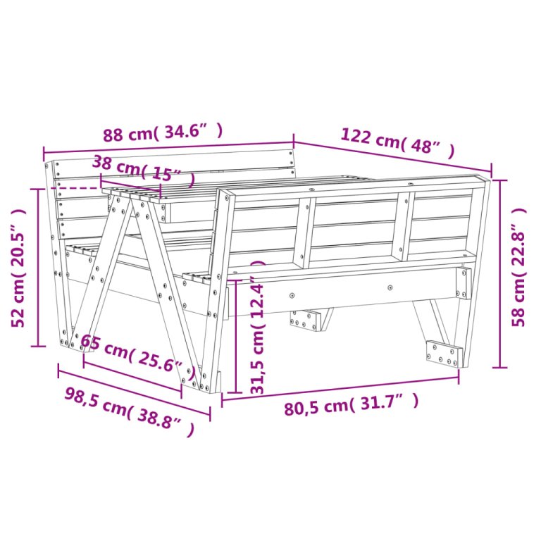 Masă de picnic pentru copii alb 88x122x58 cm, lemn masiv de pin