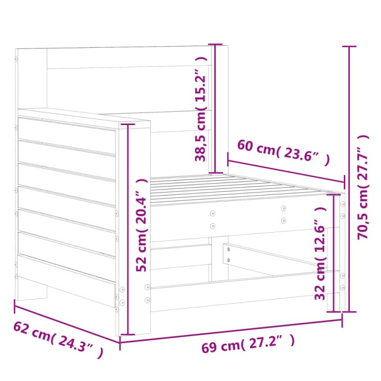 Canapea cu cotieră de grădină, 69x62x70,5 cm, lemn masiv pin