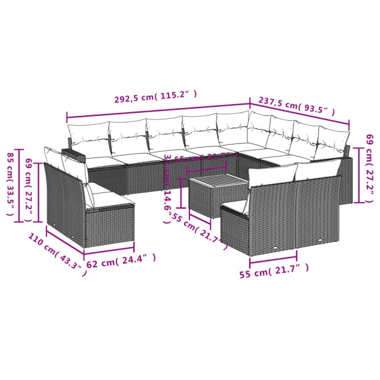 Set mobilier de grădină cu perne, 13 piese, negru, poliratan