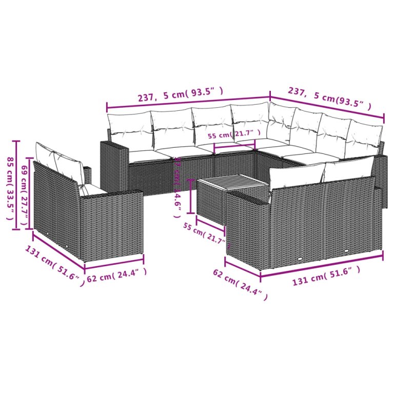 Set canapele de grădină, 12 piese, cu perne, negru, poliratan