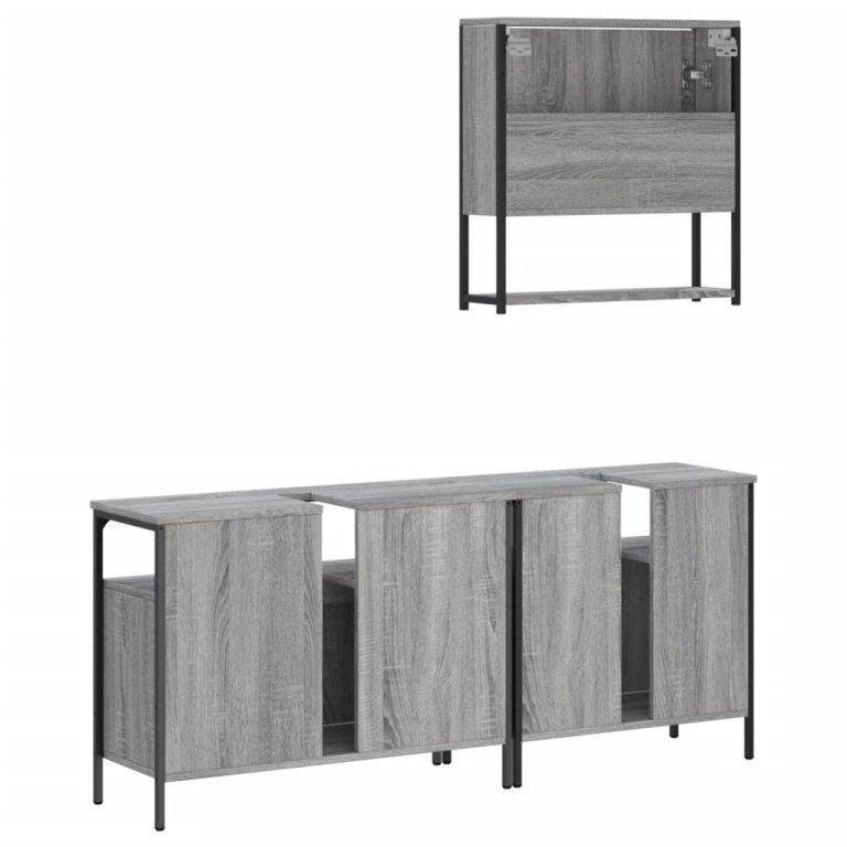 Set mobilier de baie, 3 piese, gri sonoma, lemn prelucrat