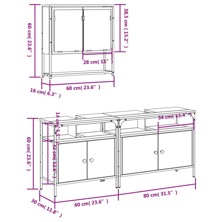 Set mobilier de baie, 3 piese, gri sonoma, lemn prelucrat