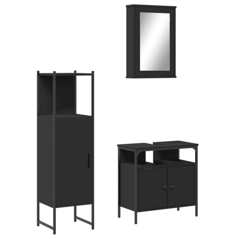 Set mobilier de baie, 3 piese, negru, lemn compozit