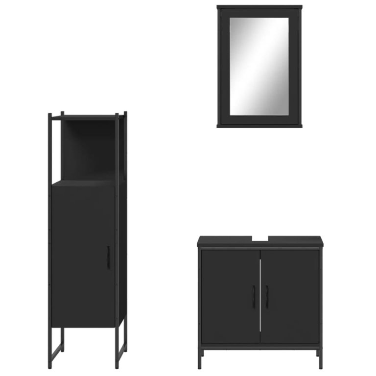 Set mobilier de baie, 3 piese, negru, lemn compozit