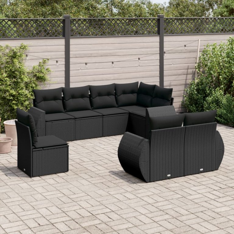 Set mobilier de grădină cu perne, 8 piese, negru, poliratan