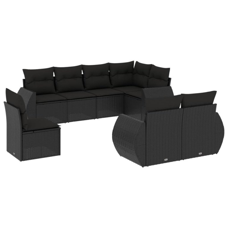 Set mobilier de grădină cu perne, 8 piese, negru, poliratan