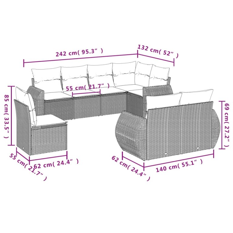 Set mobilier de grădină cu perne, 8 piese, negru, poliratan