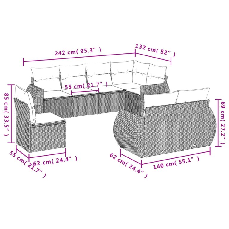 Set mobilier de grădină cu perne, 8 piese gri deschis poliratan