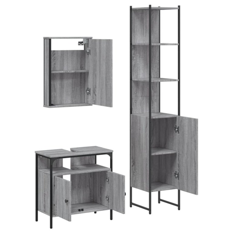 Set mobilier de baie, 3 piese, gri sonoma, lemn prelucrat