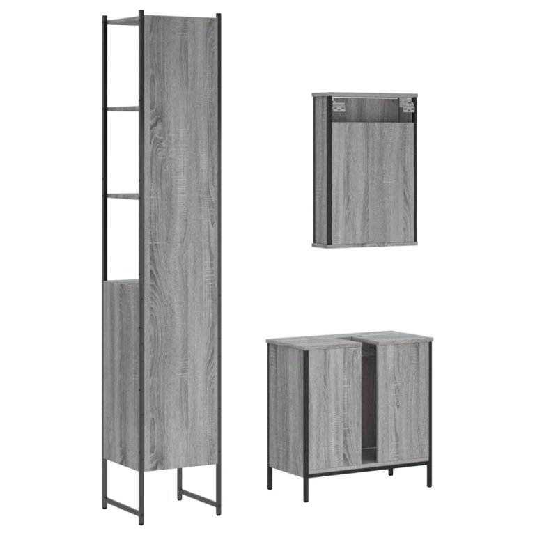 Set mobilier de baie, 3 piese, gri sonoma, lemn prelucrat