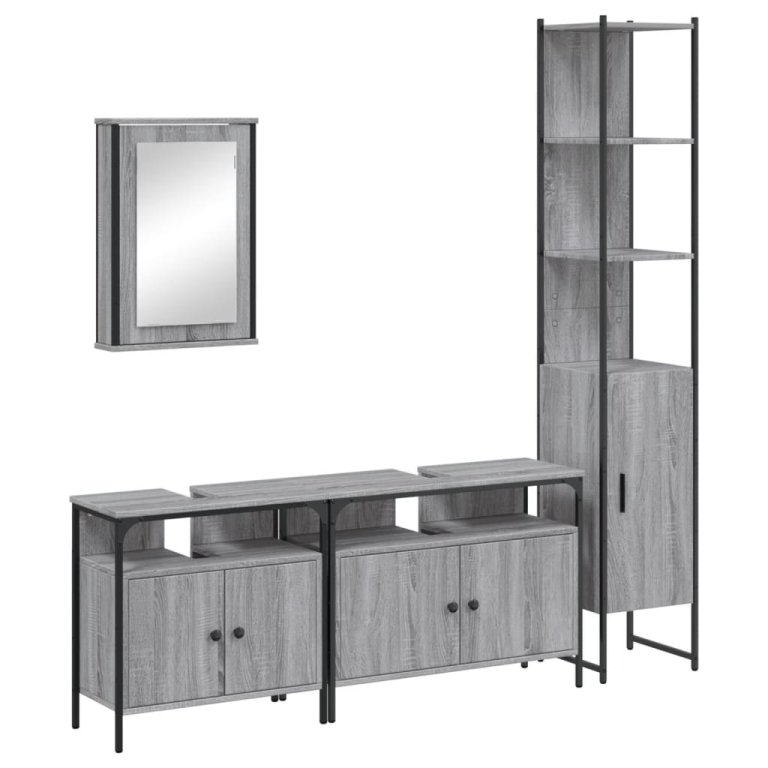 Set mobilier de baie, 4 piese, gri sonoma, lemn prelucrat