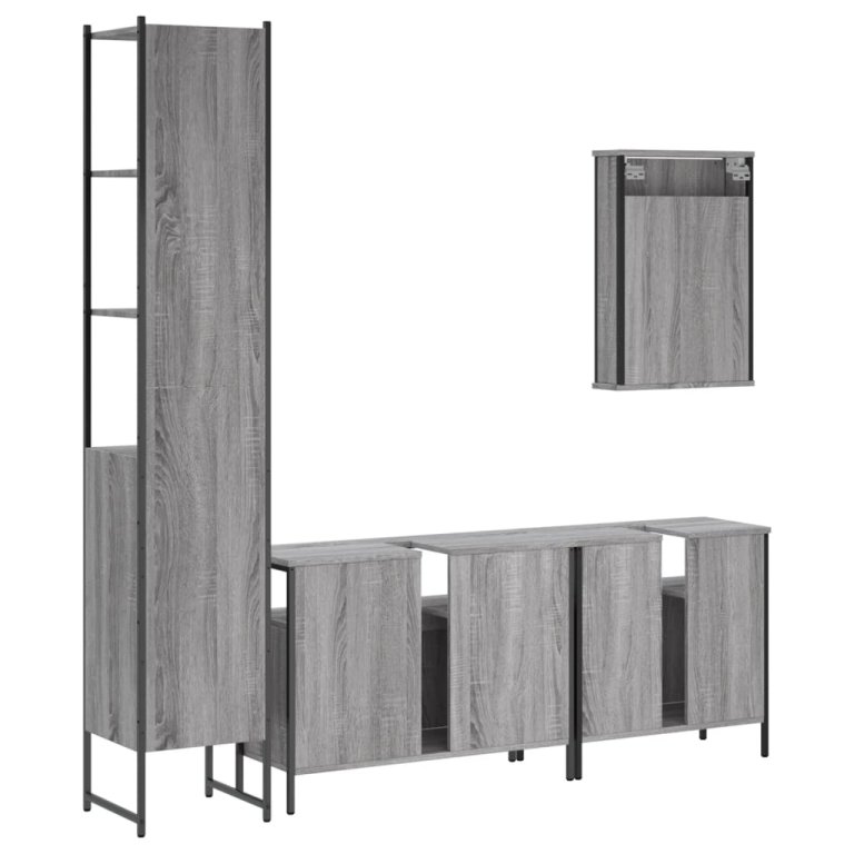 Set mobilier de baie, 4 piese, gri sonoma, lemn prelucrat