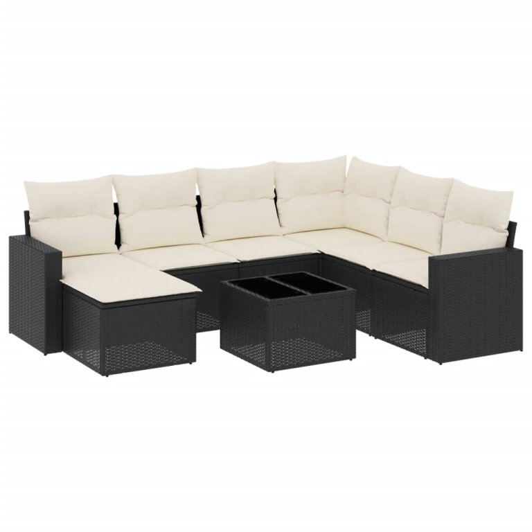 Set mobilier de grădină cu perne, 8 piese, negru, poliratan