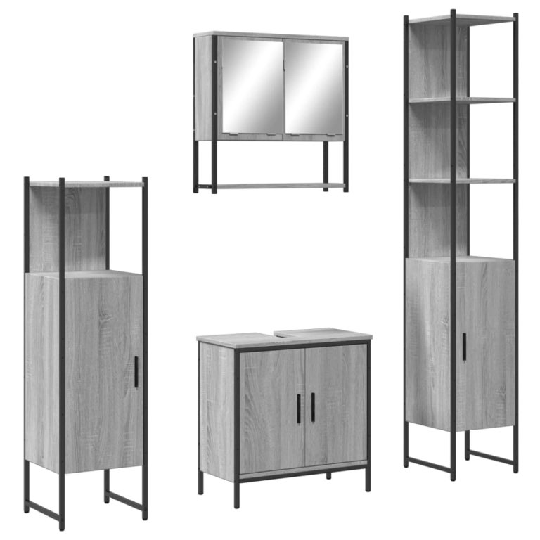 Set mobilier de baie, 4 piese, gri sonoma, lemn prelucrat