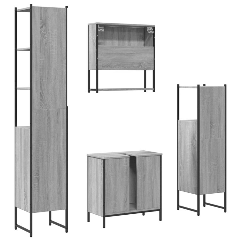 Set mobilier de baie, 4 piese, gri sonoma, lemn prelucrat