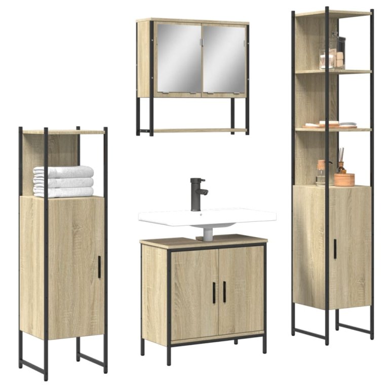 Set mobilier de baie, 4 piese, stejar sonoma, lemn prelucrat