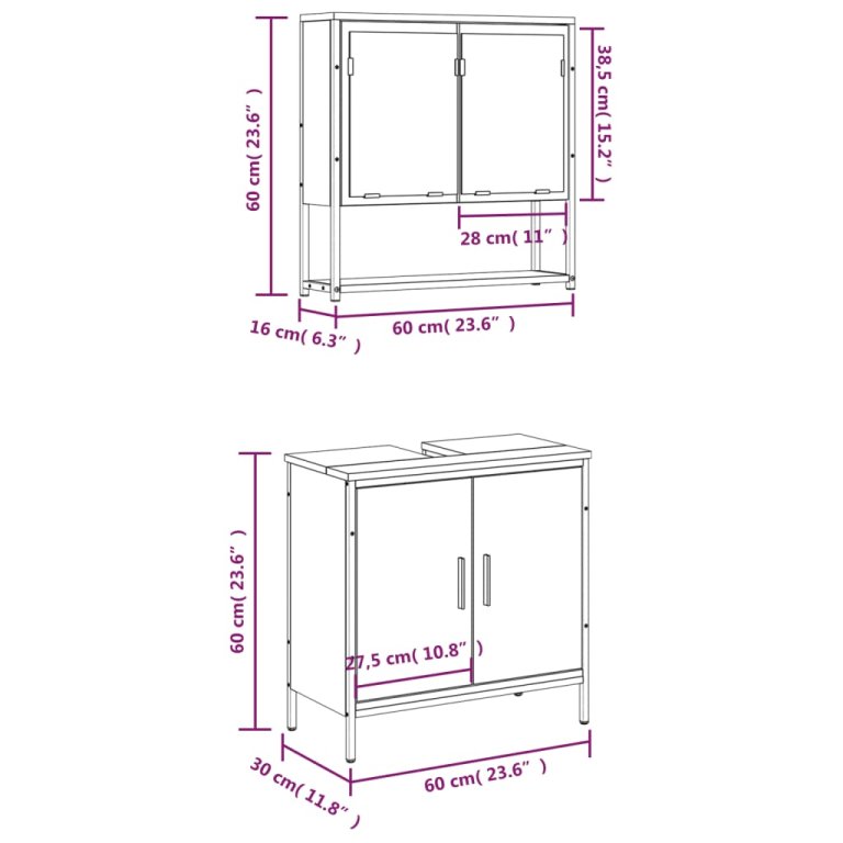 Set mobilier de baie, 2 piese, gri sonoma, lemn prelucrat