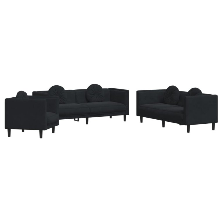 Set de canapele cu perne, 3 piese, negru, catifea