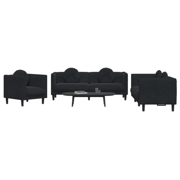 Set de canapele cu perne, 3 piese, negru, catifea