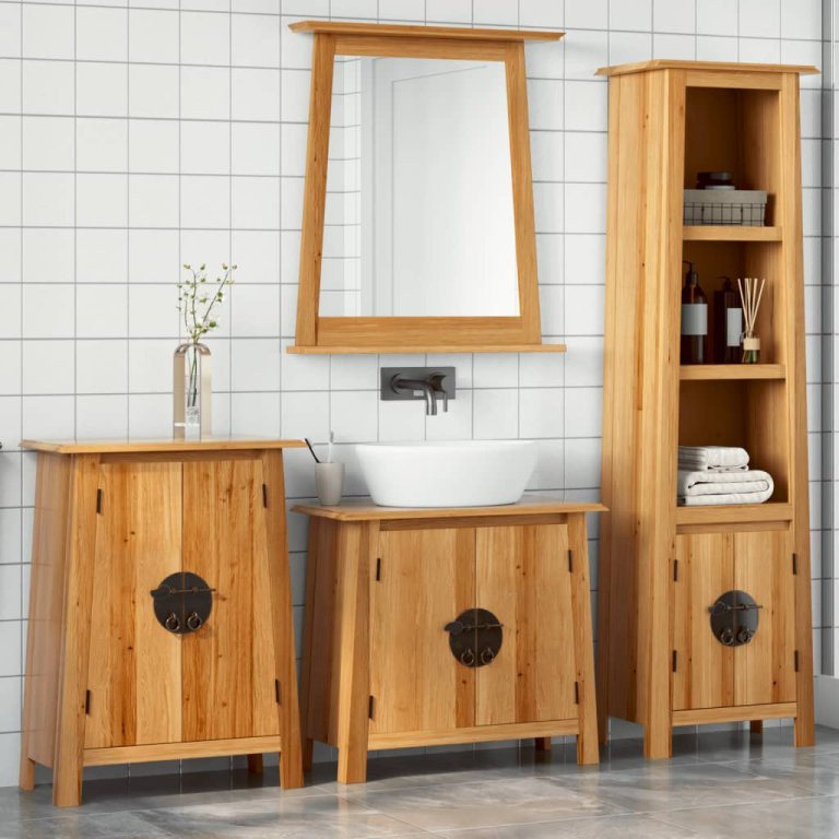 Set mobilier de baie, 4 piese, lemn masiv de pin