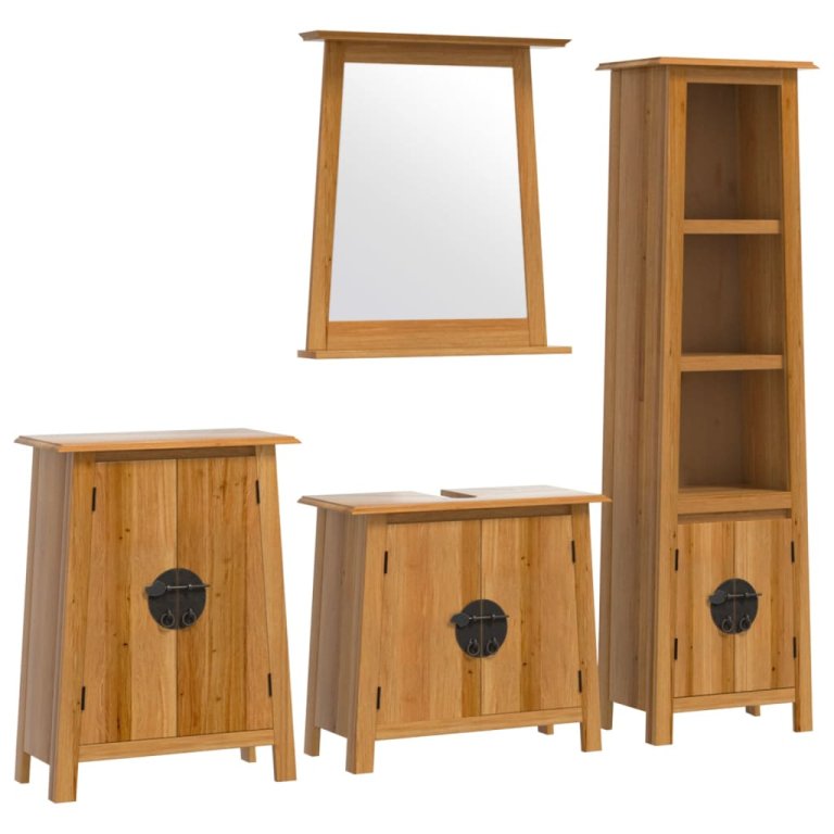 Set mobilier de baie, 4 piese, lemn masiv de pin