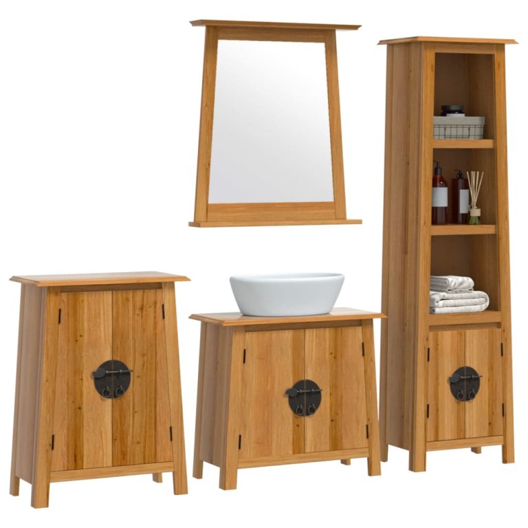 Set mobilier de baie, 4 piese, lemn masiv de pin