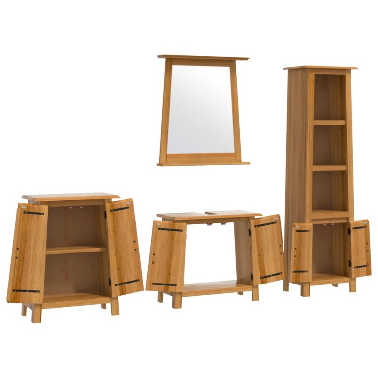 Set mobilier de baie, 4 piese, lemn masiv de pin