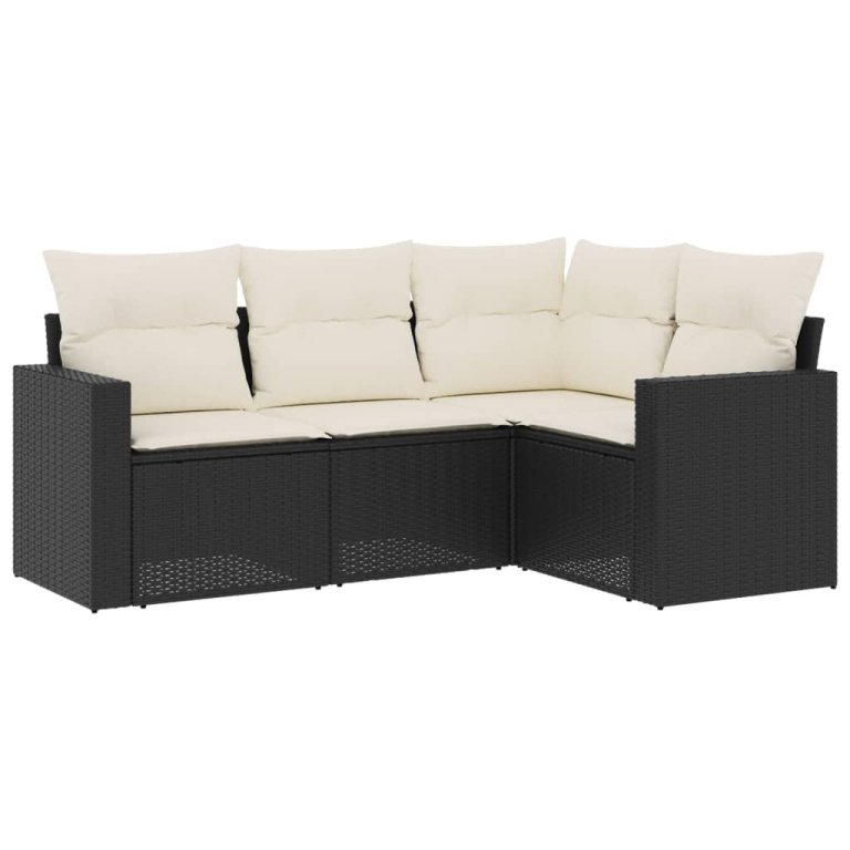 Set mobilier de grădină cu perne, 4 piese, negru, poliratan