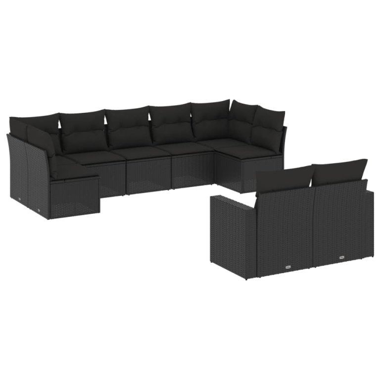 Set mobilier de grădină cu perne, 9 piese, negru, poliratan