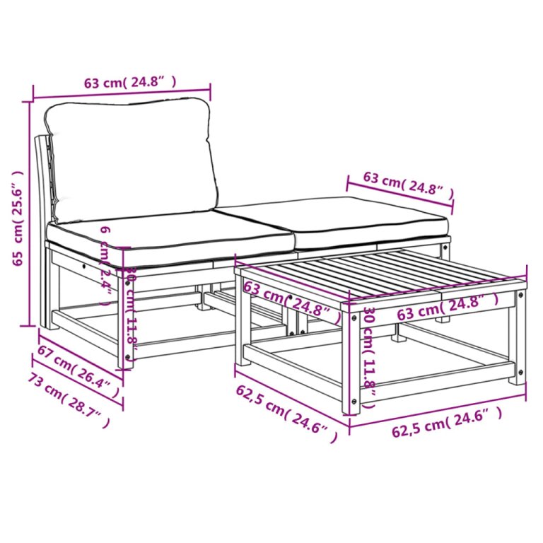 Set mobilier de grădină cu perne, 3 piese, lemn masiv acacia