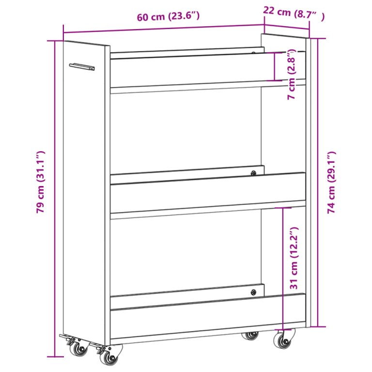 Dulap cu roți, stejar afumat, 60x22x79 cm, lemn prelucrat