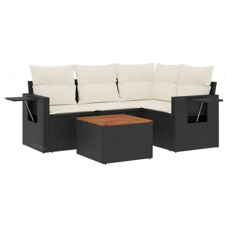 Set mobilier de grădină cu perne, 5 piese, negru, poliratan