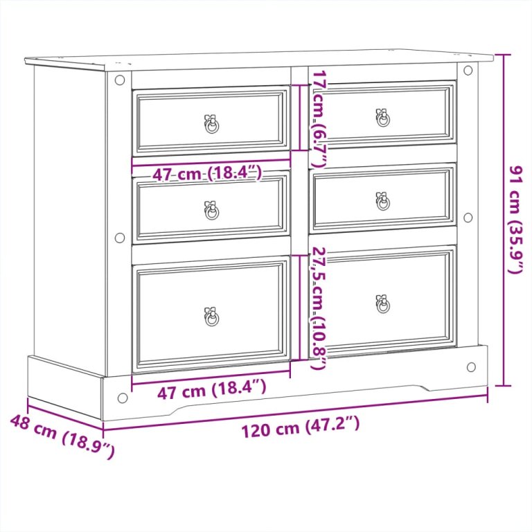 Dulap cu sertare „Corona”, 120x48x91 cm, lemn masiv de pin