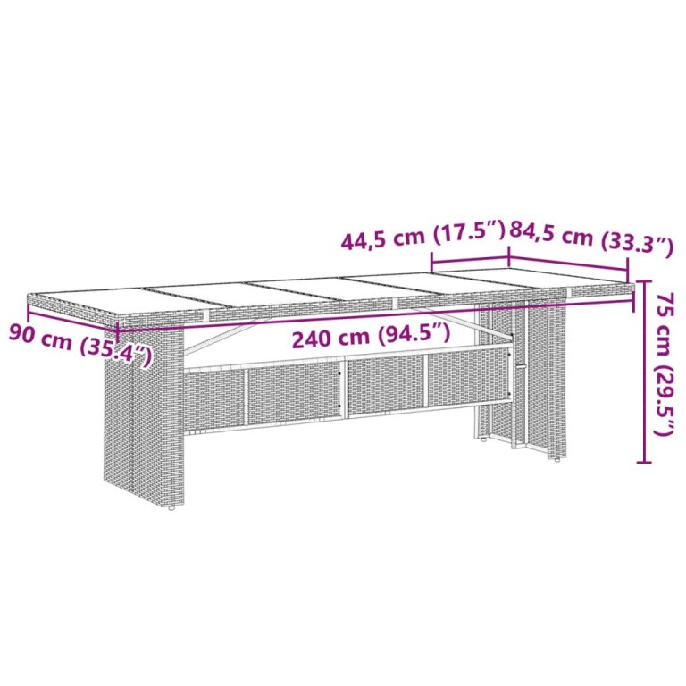 Masă de grădină cu blat din sticlă maro 240x90x75 cm poliratan