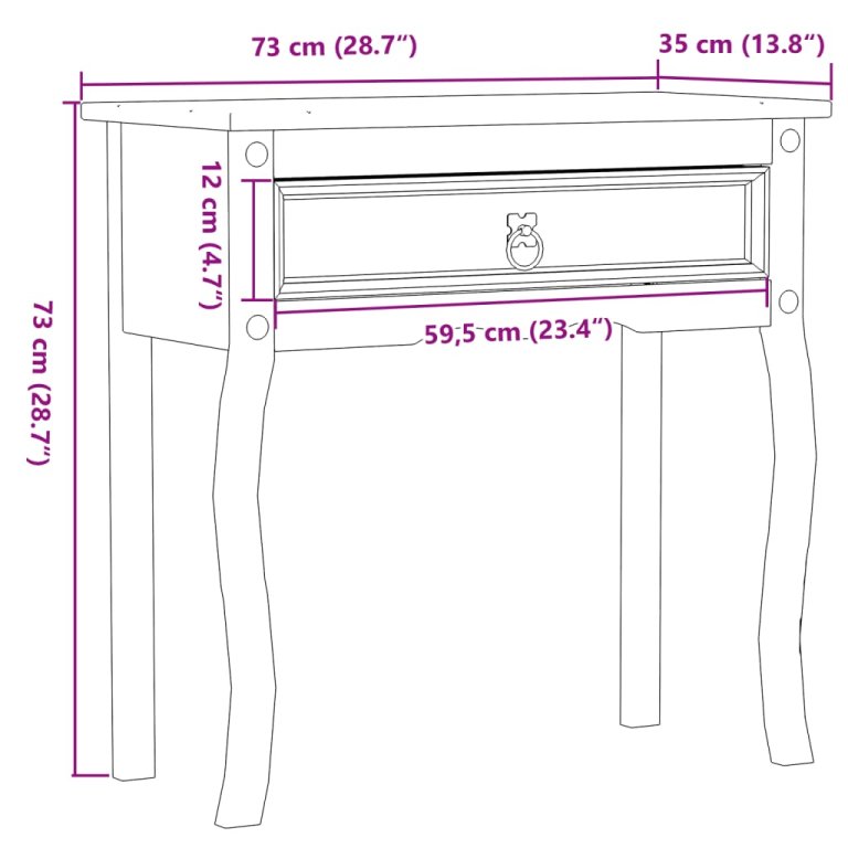 Măsuță consolă Corona, 73x35x73 cm, lemn masiv de pin