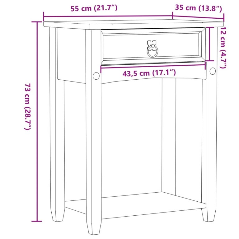 Măsuță consolă Corona, 55x35x73 cm, lemn masiv de pin