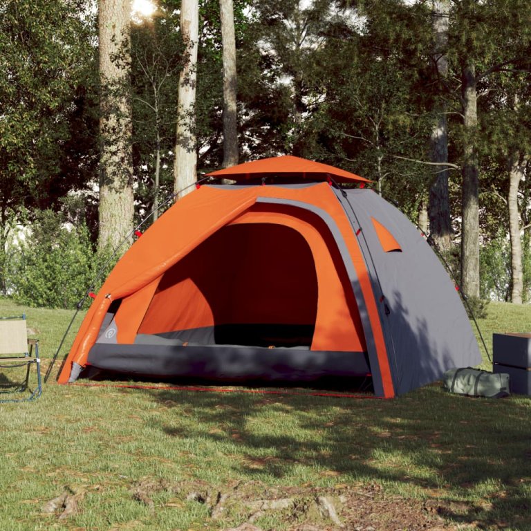 Cort camping cupolă 4 persoane, gri/portocaliu, setare rapidă