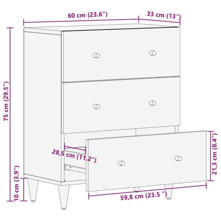 Dulap lateral, 60x33x75 cm, lemn masiv de mango