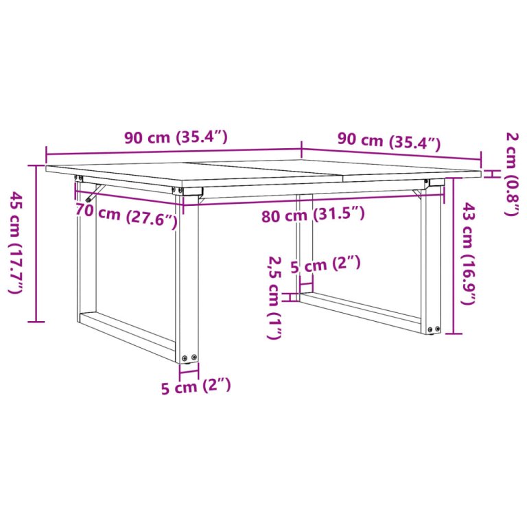 Masă de cafea, cadru O, 90x90x45 cm, lemn masiv pin și fontă